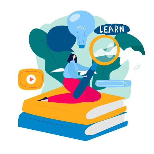 A middle school student exploring reflective learning through books, magnifying glass, and digital tools, symbolizing curiosity and self-awareness.